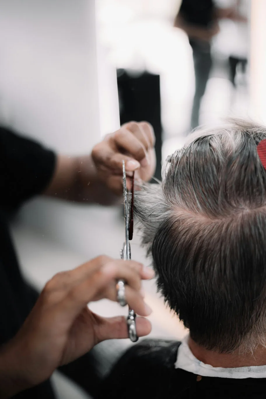 Coiffeur coupant des cheveux gris aux ciseaux, vu de dos
